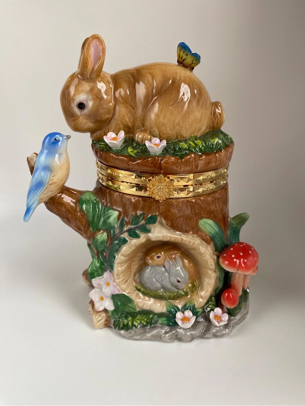 Vintage Ceramic Bunny & Bird hinged Trinket Box